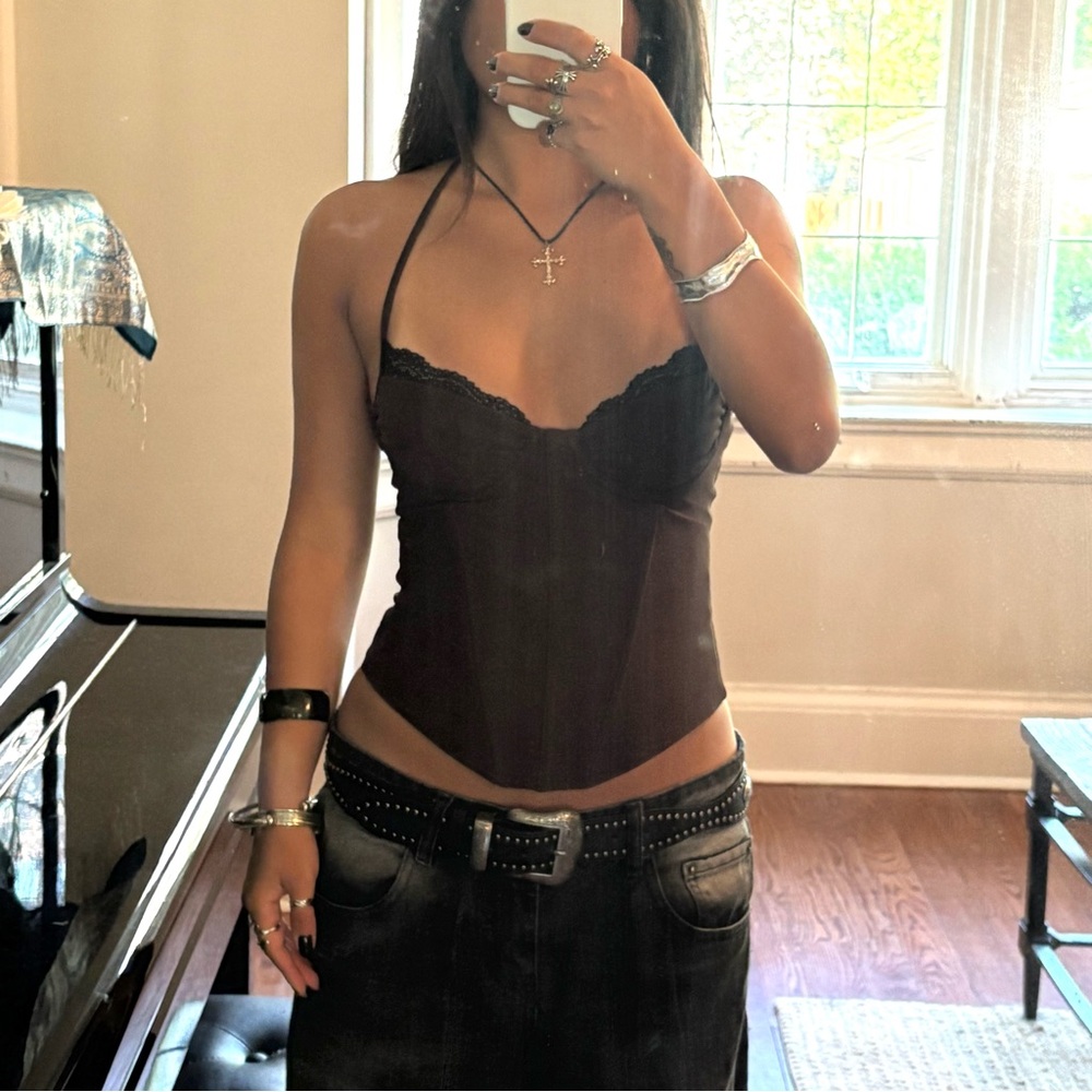 White Fox Brown and Black Lace Corset Halter Top